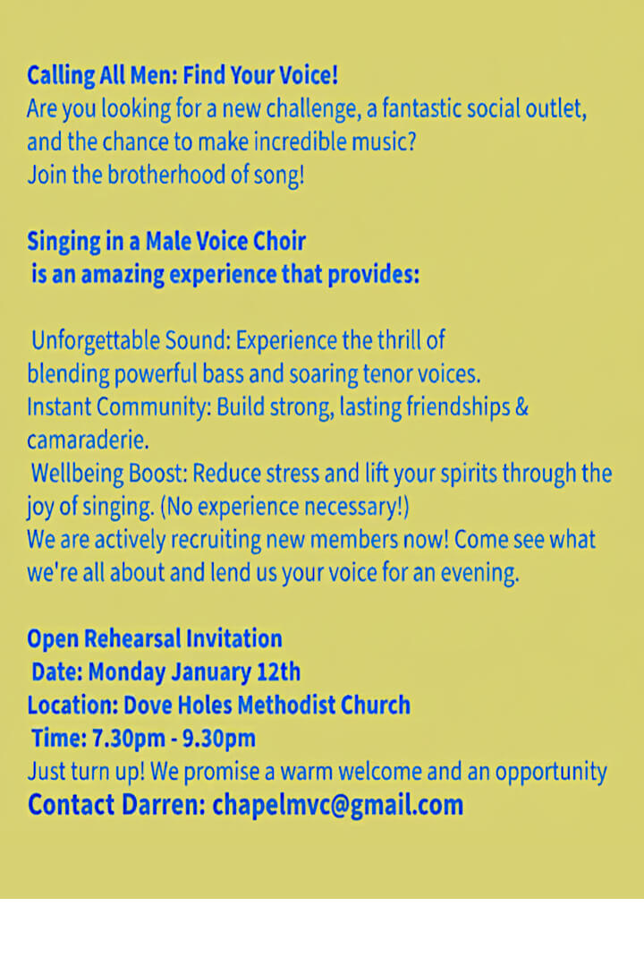 invitation poster to join Chapel Male Voice Choir in an open rehearsal info